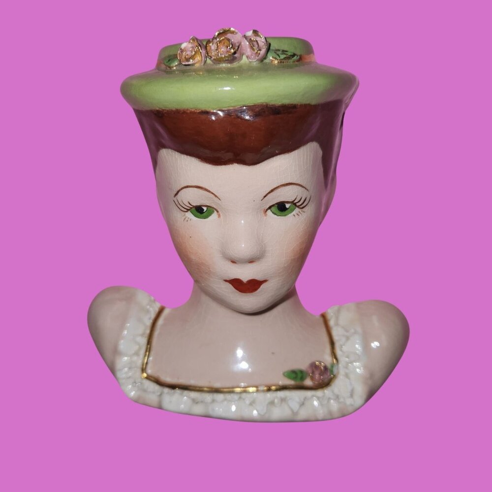 Charming Vintage Ceramic Lady Head with Green Hat Wall Hanging
